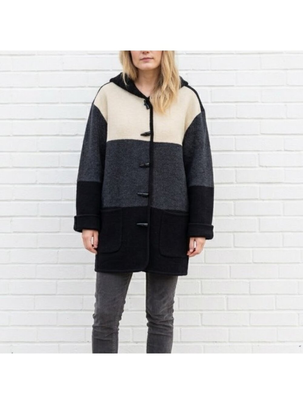 Vintage Wool Hooded Midi Jacket Coat Black Gray Cream Size Medium Winter 1990s